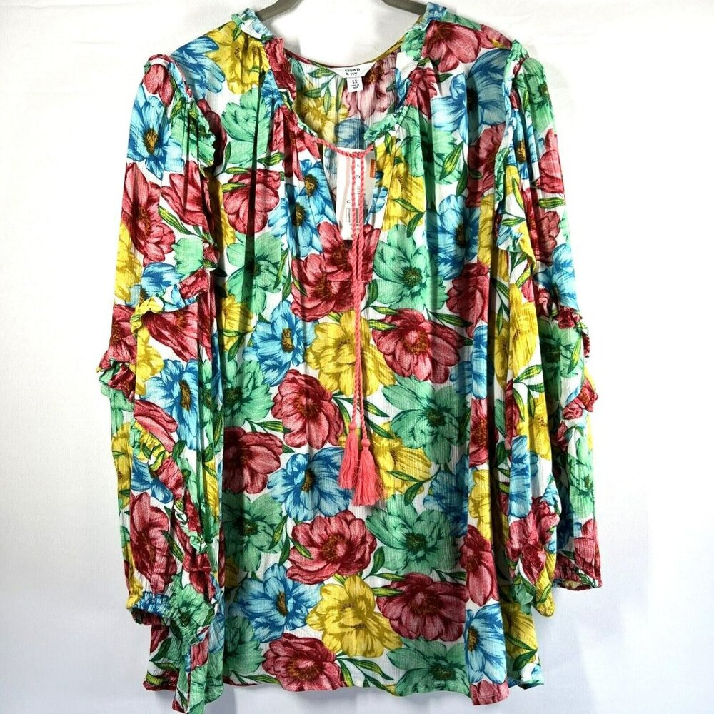 Crown & Ivy Womens Blouse 2X Floral Balloon Ruffle Peasant Boho Tassel Top